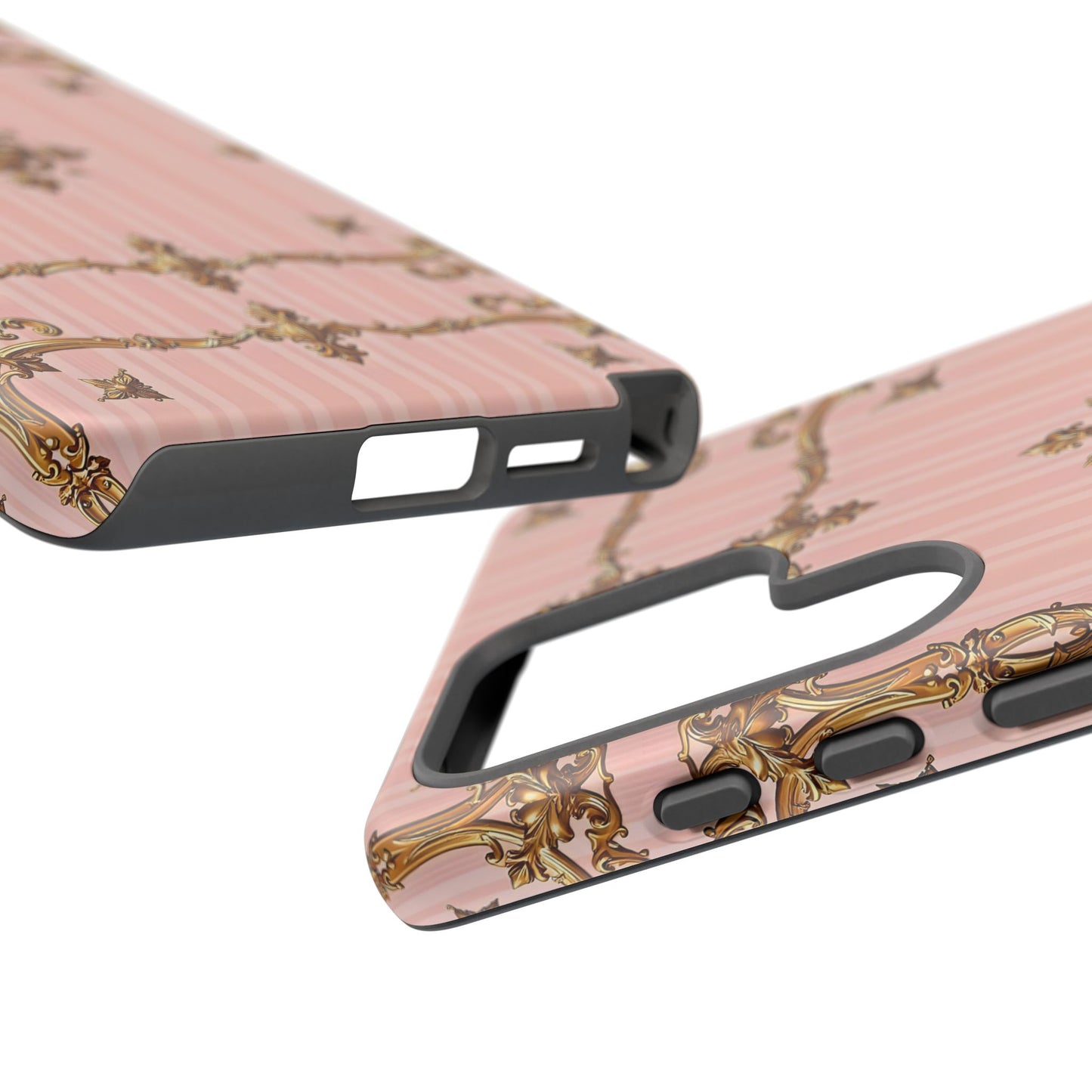 Elegant Floral Phone Case, Tough Cases for Women, Trendy Phone Cover, Chic Gift - Pink Striped Gold Baroque