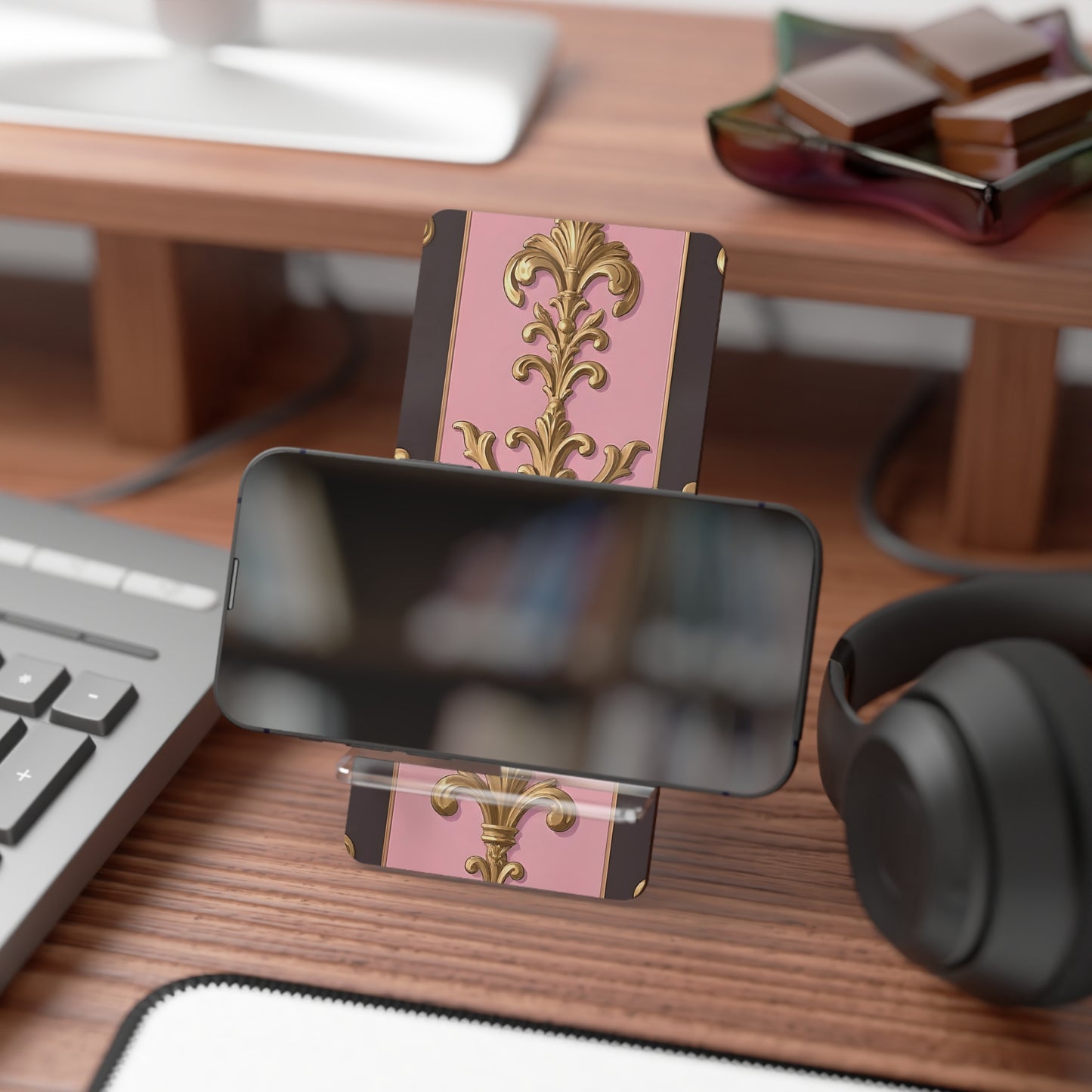 Elegant Floral Motif Smartphone Display Stand - Pink & Brown Striped Gold Damask - Decorative Mobile Holder