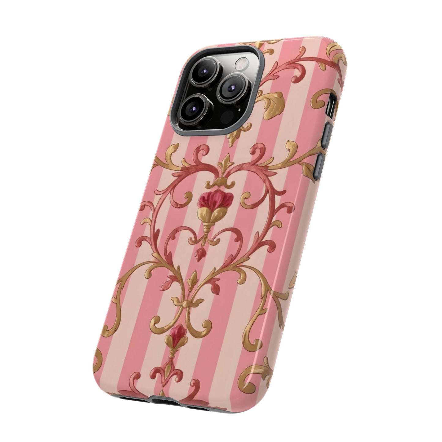 Elegant Floral Motif Phone Case - Tough Cases with Vintage Design - Pink Striped Rose Gold Damask