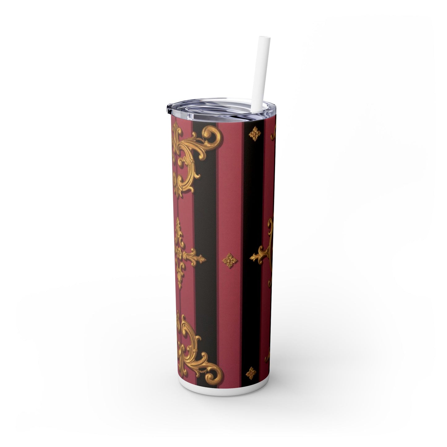 Elegant Black & Mauve Striped Gold Baroque Striped Skinny Tumbler with Straw, 20oz | Vintage Gold Accent Drinkware, Wedding Gift, Party Favor, Travel Mug