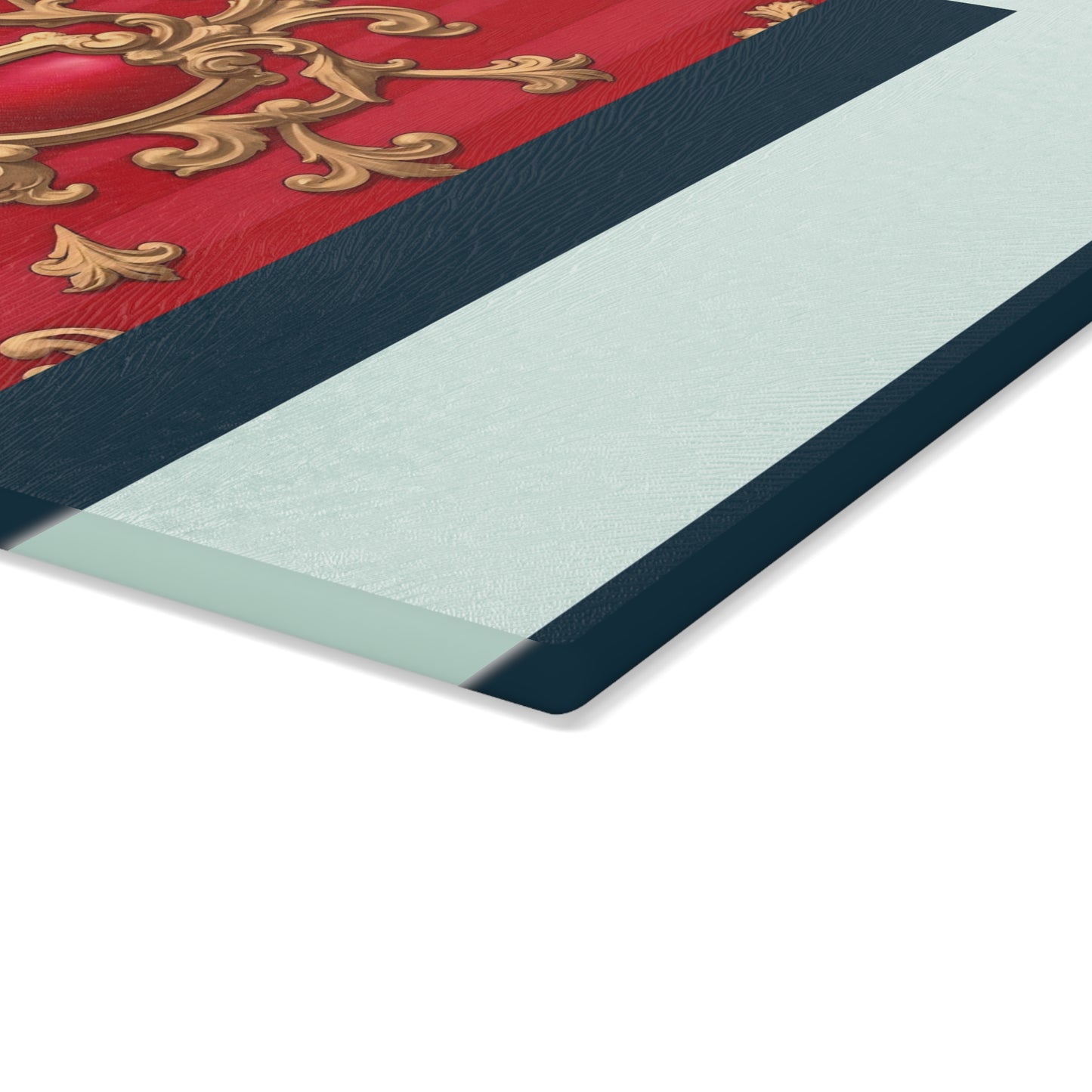 Elegant Decorative Glass Cutting Board, Kitchen Gifts, Home Decor, Cooking Accessories, Wedding Registry - Blue, Red & White Striped Baroque