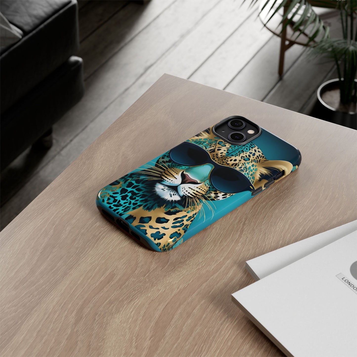 Phone Case - Aqua & Gold Leopard In Sunglasses Design
