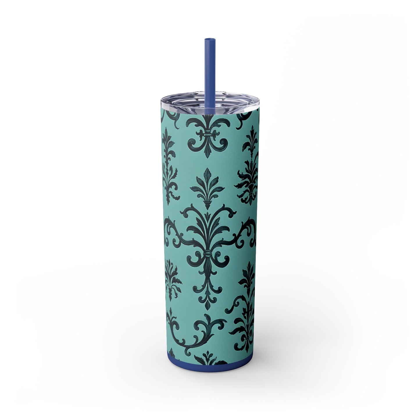 Elegant Floral Skinny Tumbler with Straw, 20oz, Personalized Drinkware, Stylish Travel Mug, Great Gift for Her - Teal Striped Rococo