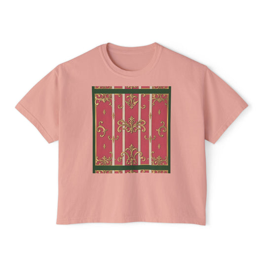 Women's Boxy Tee with Elegant Green Border Pink Striped Baroque Design, Casual Summer Top, Gift for Her, Trendy T-Shirt, Stylish Everyday Wear