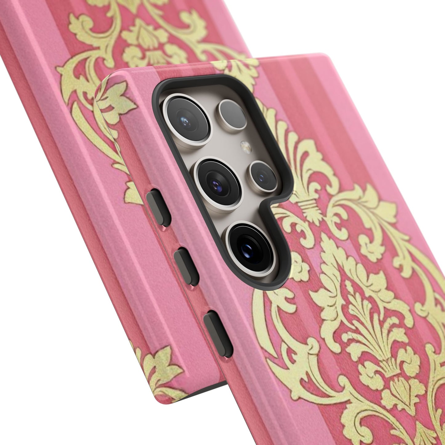 Elegant Floral Motif Phone Case - Tough Cases with Vintage Design - Pink Striped Damask