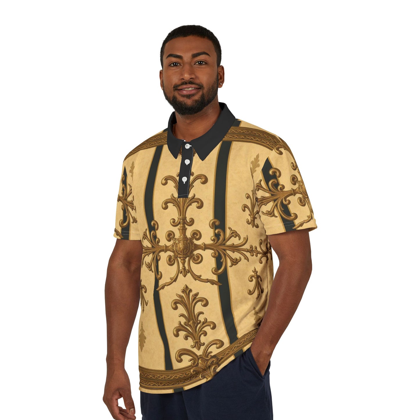 Elegant AOP Unisex Polo Shirt | Stylish Casual Wear, Unique Gift for Men & Women, Fashionable Summer Outfit - Matte Yellow Striped Antique Rococo