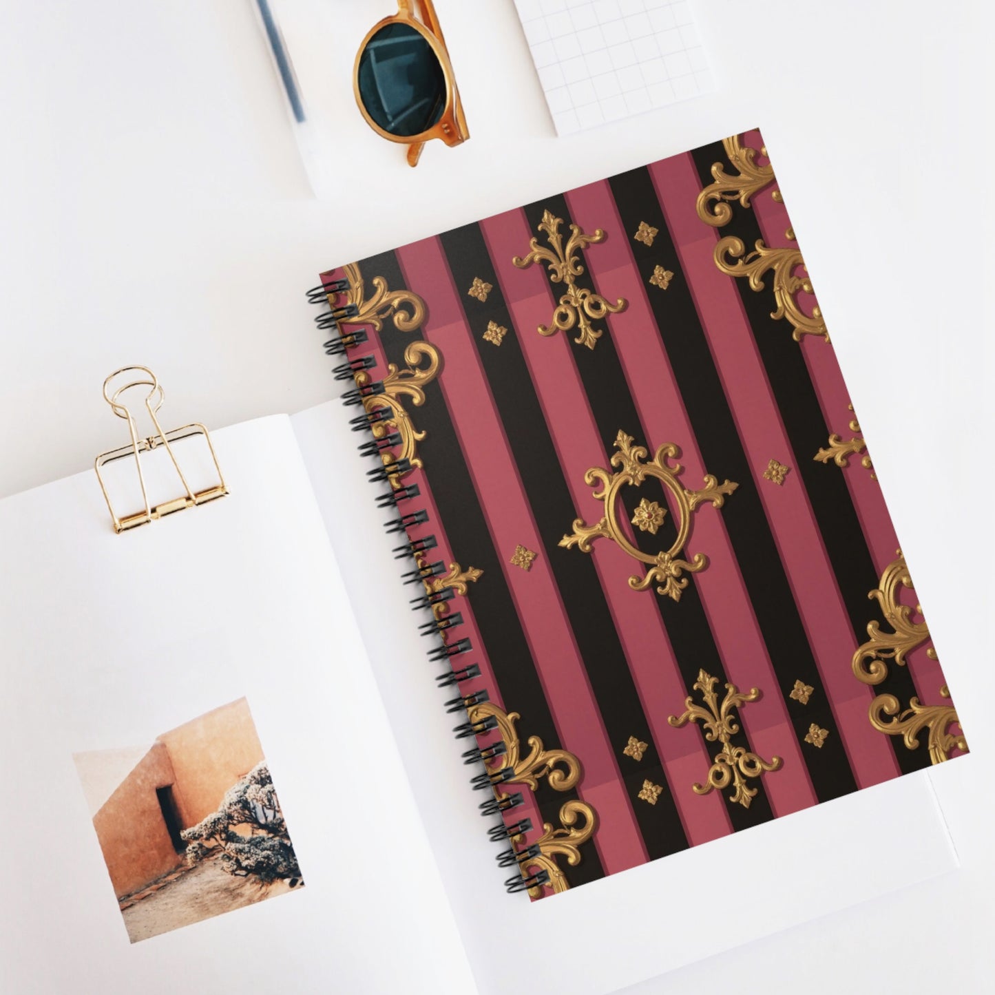 Elegant Black & Mauve Striped Gold Baroque Spiral Notebook - Ruled Line, Journal, Gift for Writers, Note-taking, Office & School Supplies