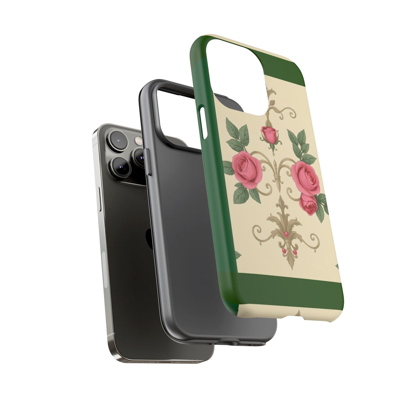 Elegant Floral Motif Phone Case - Tough Cases with Vintage Design - Green Border Roses & Damask