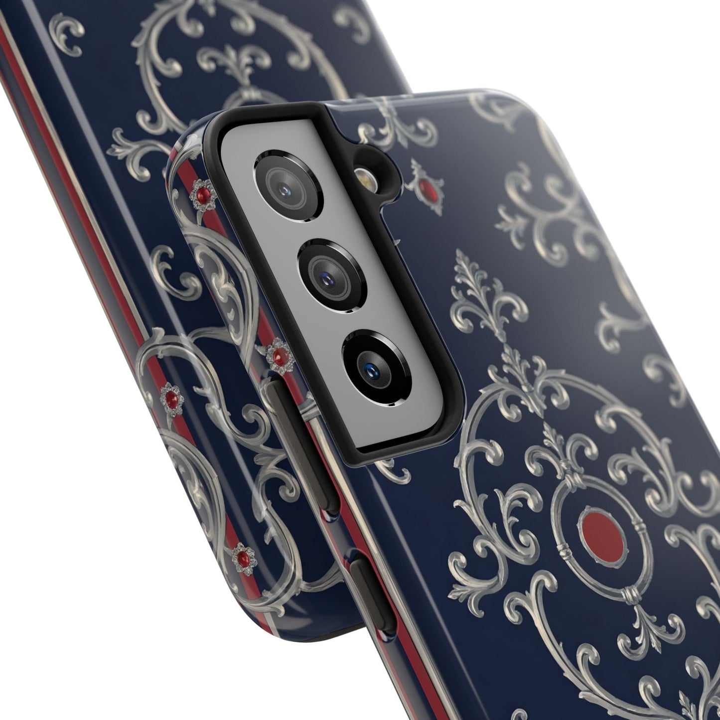 Elegant Patterned Tough Phone Cases for Stylish Protection, Gift for Her, Unique Accessories - Blue & Red Striped Silver Baroque