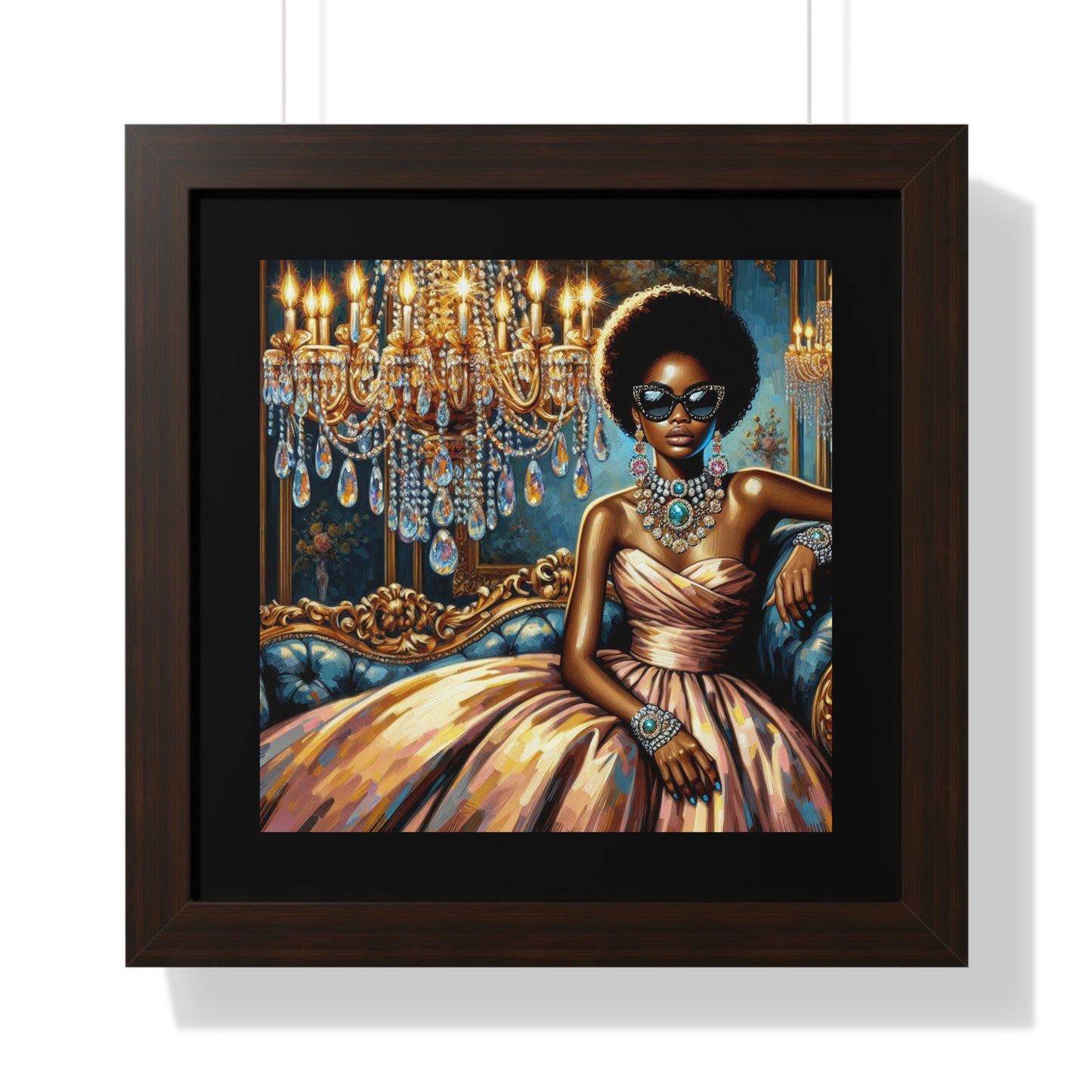 Elegant Framed Art Print | Chic Home Décor, Wall Art for Living Room, Unique Gift, Glamorous Aesthetic, Fashionable - Elegant Lady & Chandelier
