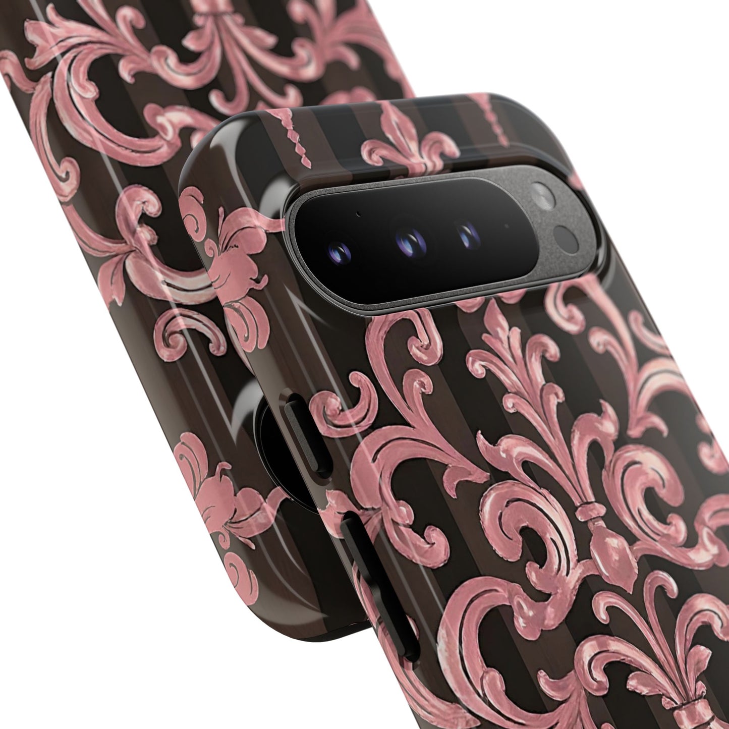 Elegant Floral Motif Phone Case - Tough Cases with Vintage Design - Brown Striped Mauve Damask