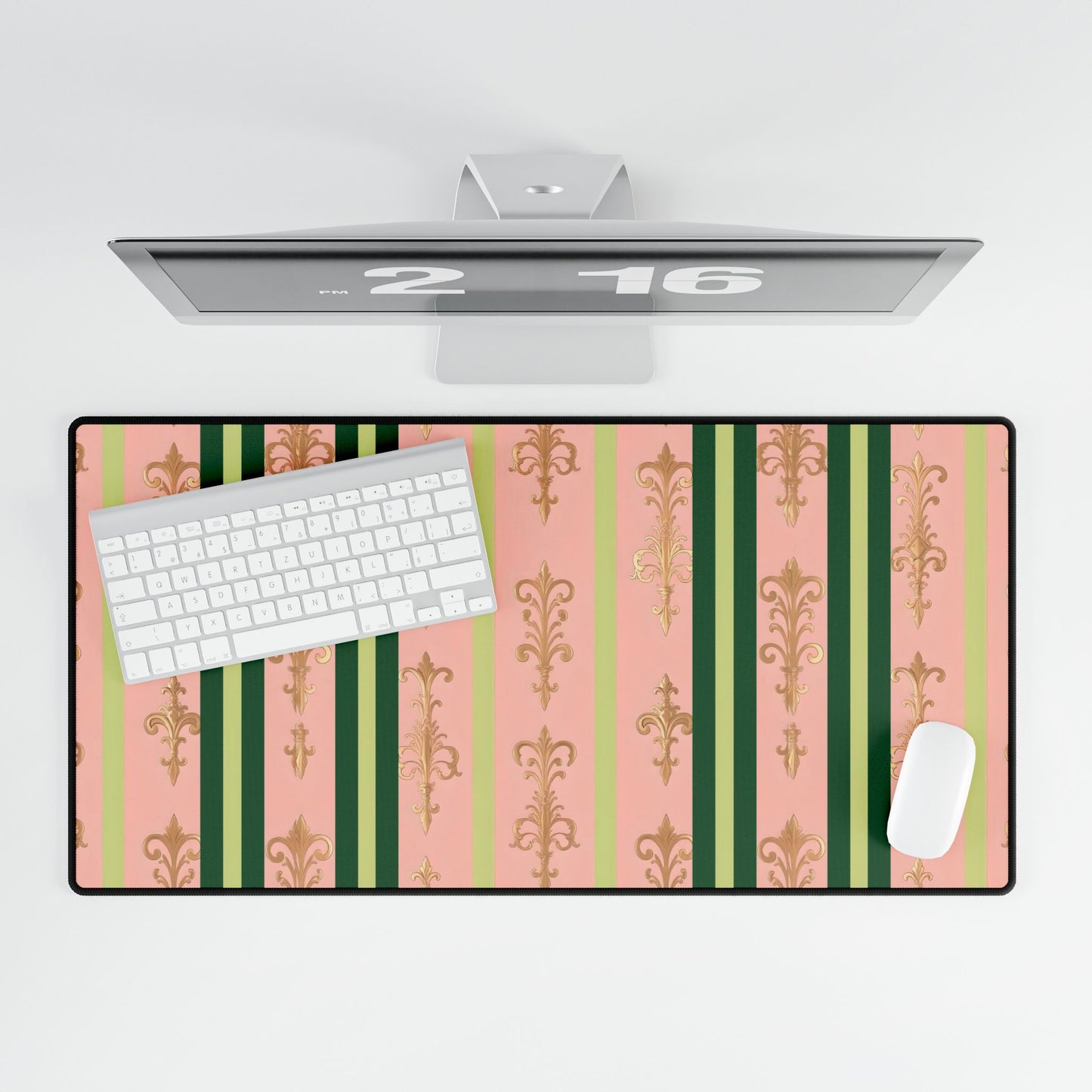 Elegant Floral Motif Desk Mat for Home Office Decor - Lime Green & Pink Striped Damask