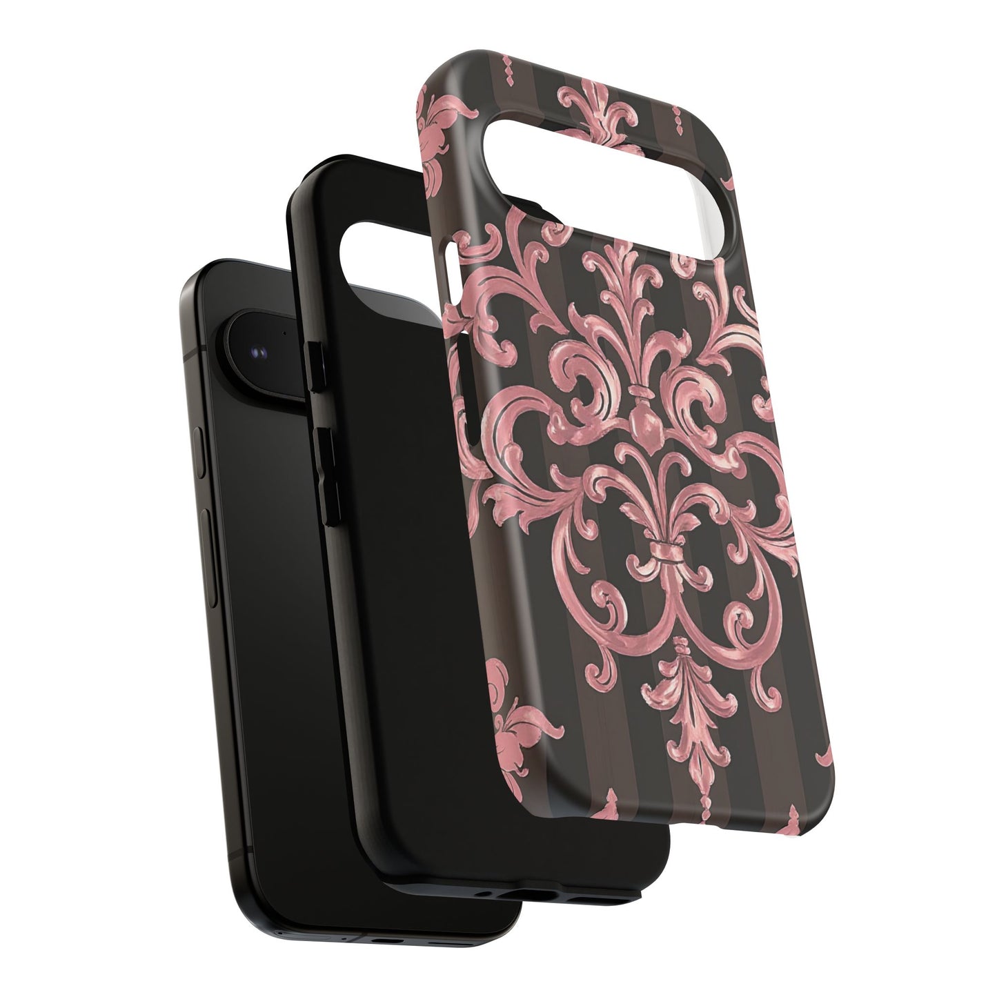 Elegant Floral Motif Phone Case - Tough Cases with Vintage Design - Brown Striped Mauve Damask