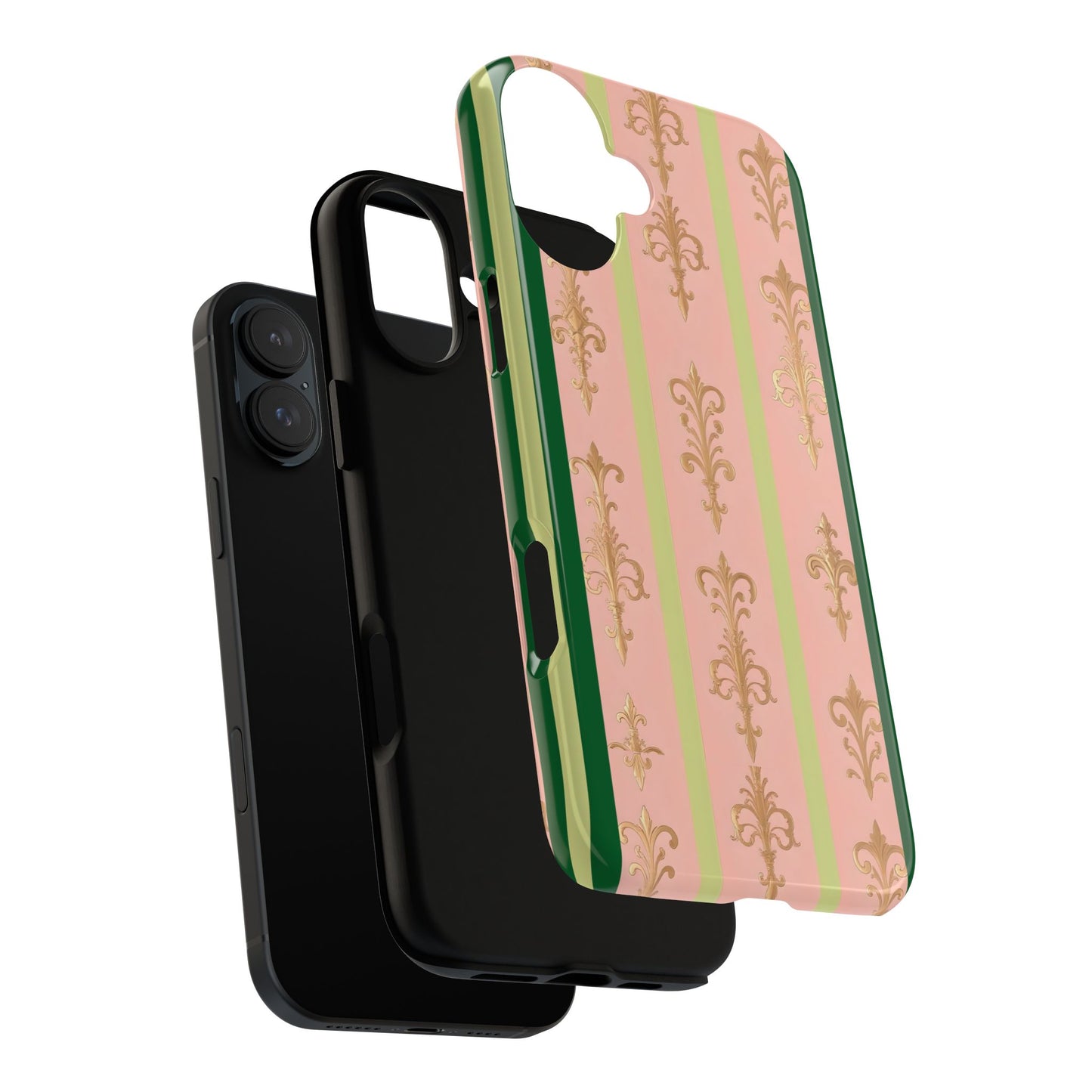 Elegant Floral Motif Phone Case - Tough Cases with Vintage Design - Lime Green & Pink Striped Damask