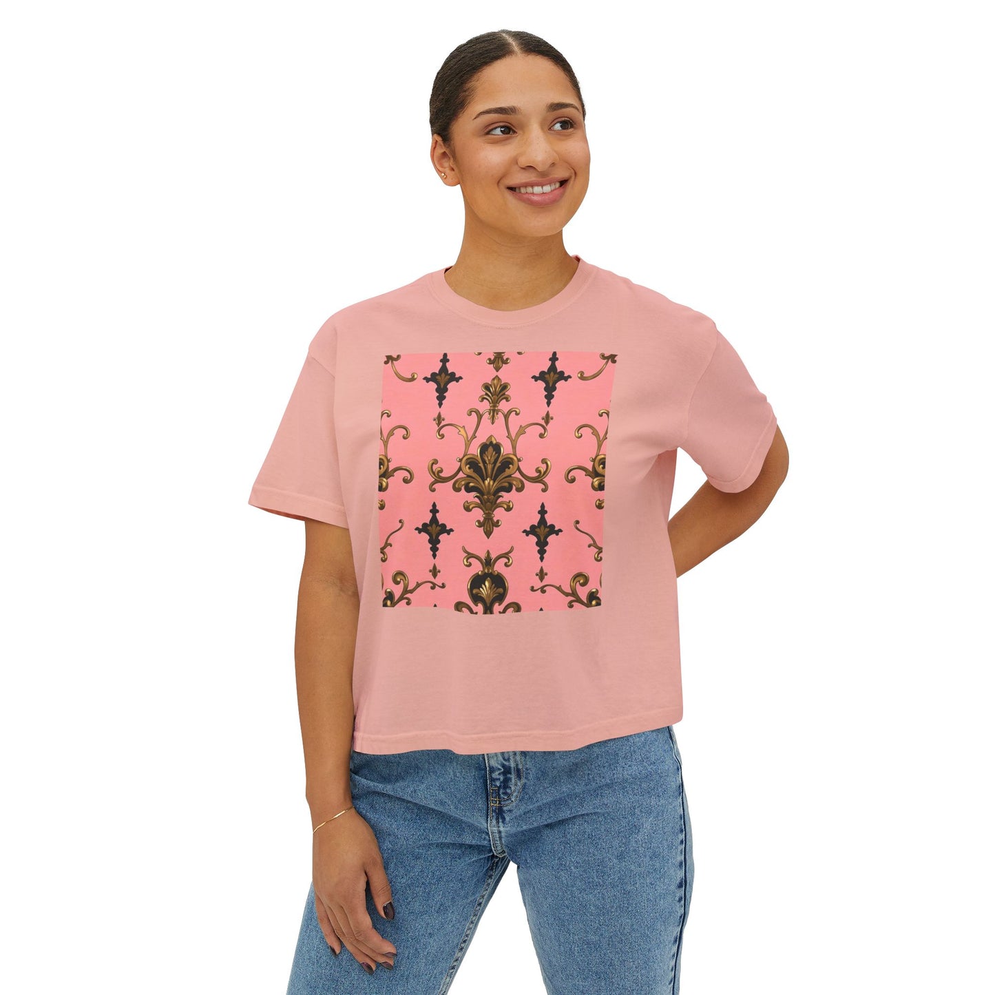 Vintage Floral Women's Boxy Tee, Casual Summer Top, Retro Fashion, Gifts for Her - Pink, Black & Gold Rococo