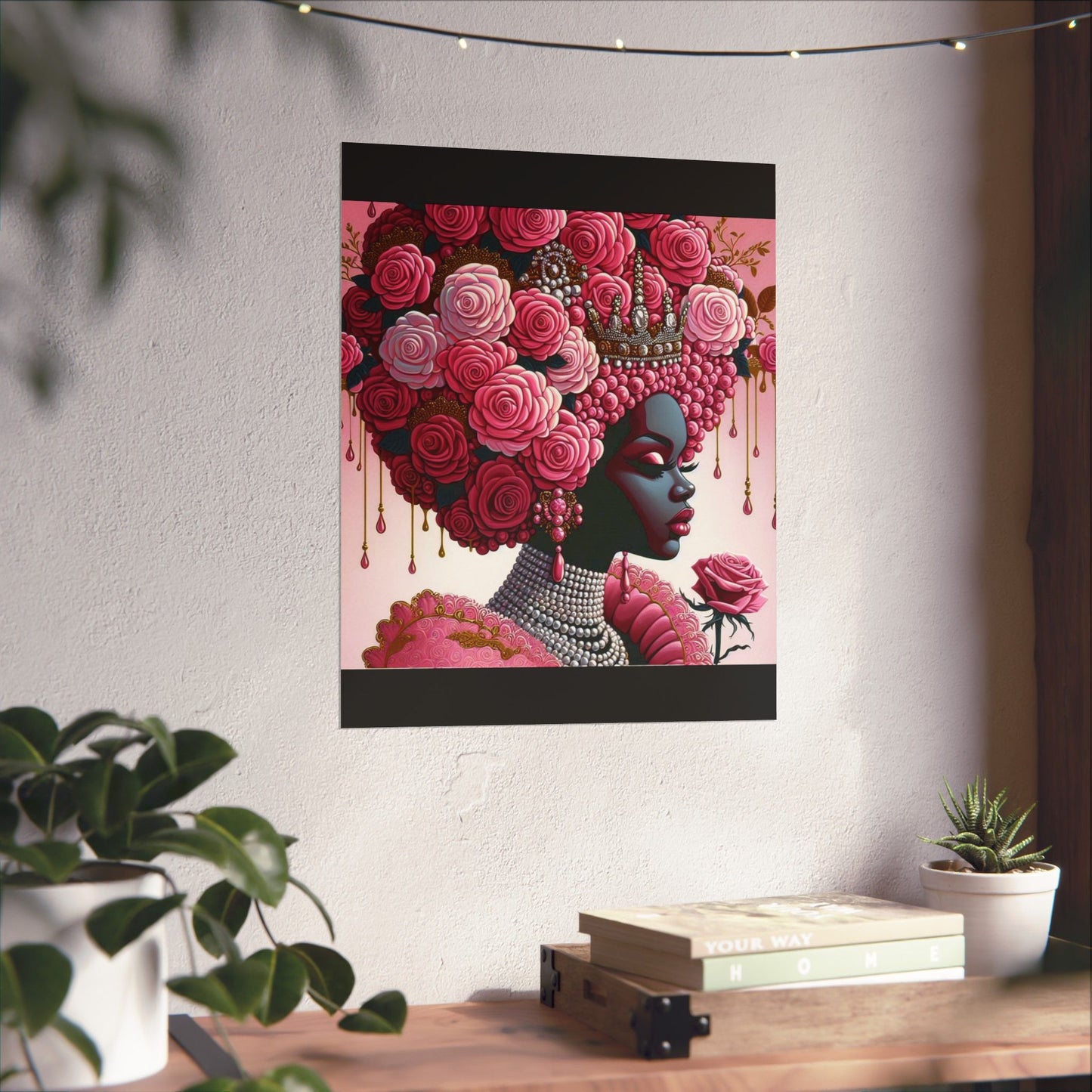 Floral Afro Art Poster - Elegant Matte Vertical Wall Decor - Pink Lady With Roses