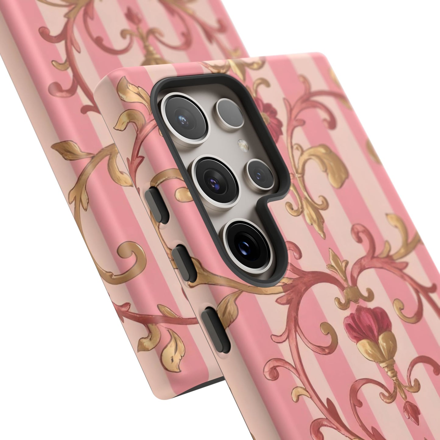 Elegant Floral Motif Phone Case - Tough Cases with Vintage Design - Pink Striped Rose Gold Damask