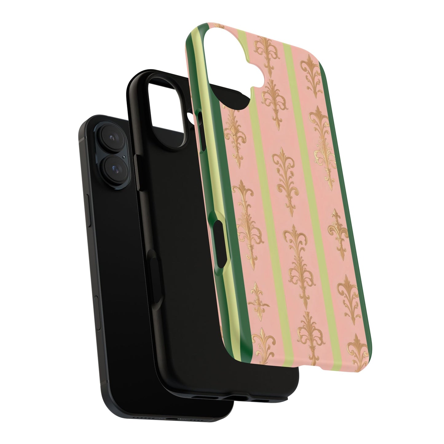 Elegant Floral Motif Phone Case - Tough Cases with Vintage Design - Lime Green & Pink Striped Damask