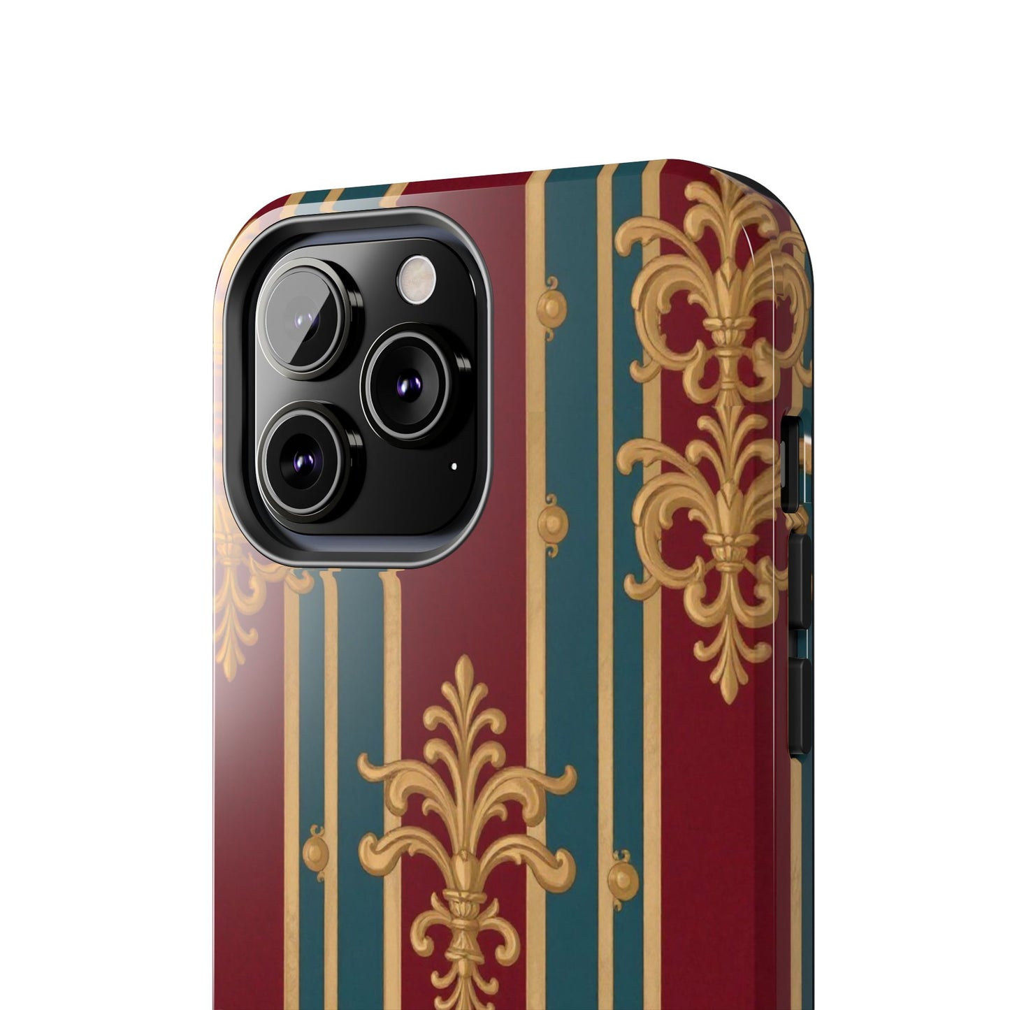 Elegant Vintage Tough Phone Case, Luxury Phone Protection, Stylish Phone Cover, Durable Phone Accessory - Burgundy Striped Gold Baroque