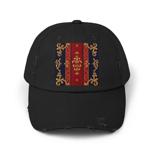 Vintage-Inspired Distressed Cap, Stylish Hat, Perfect Gift for Friends, Fashion Accessory, Unisex Headwear - Midnight Blue & Dusk Red Gold Baroque