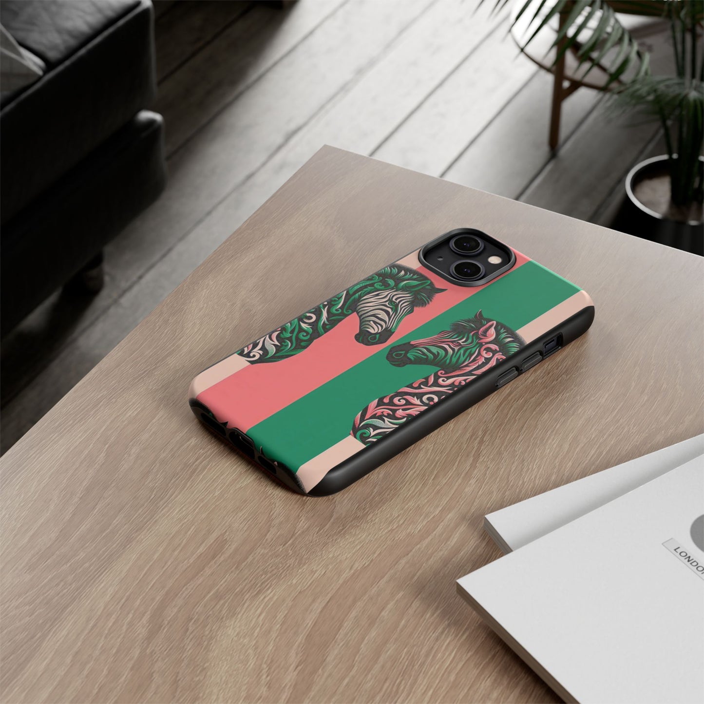 Phone Case - Elegant Pink & Green Zebra Damask Design