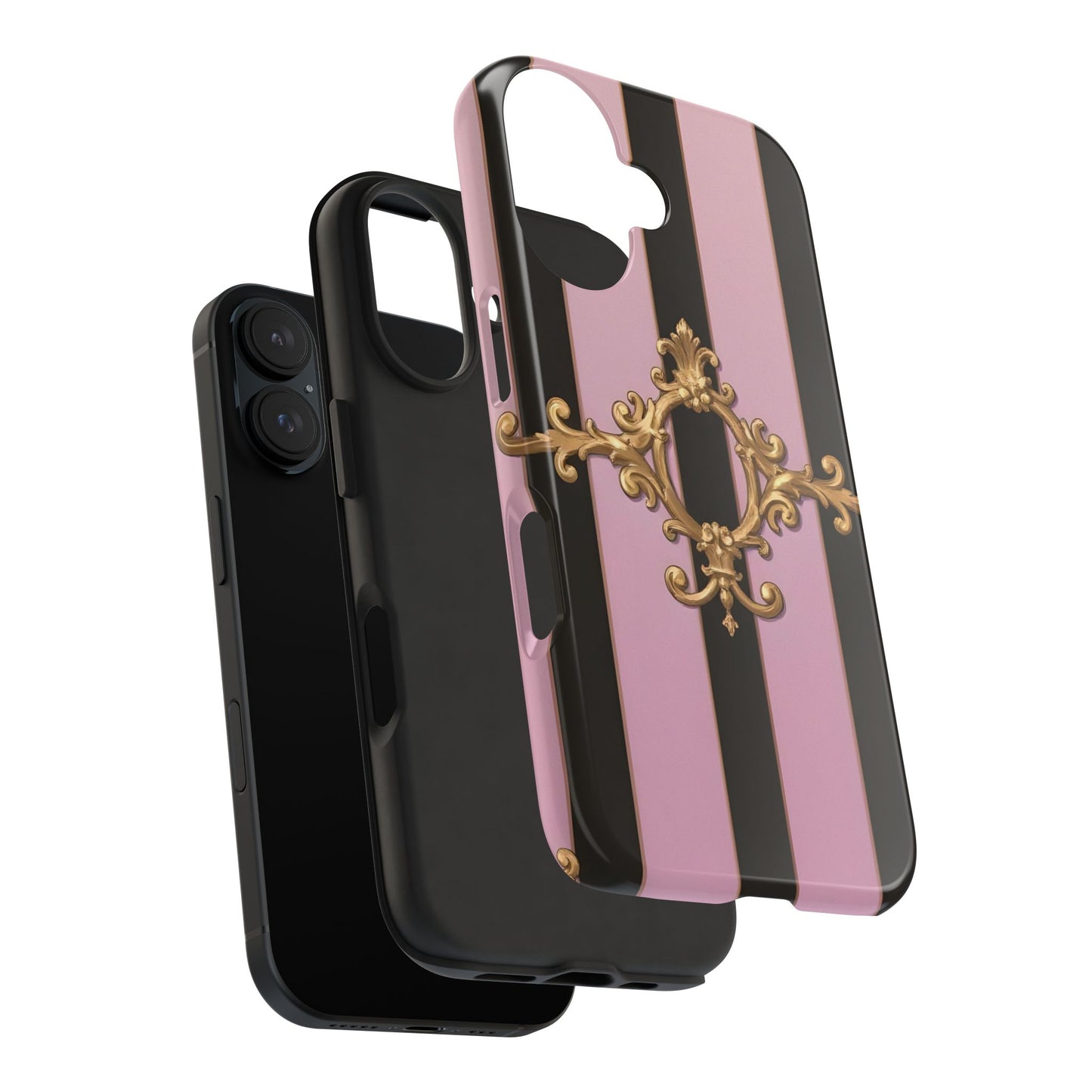 Stylish Tough Phone Case for Elegant Protection, Fashionable Accessories, Smartphone Cover - Matte Lavender & Black Striped Gold Baroque