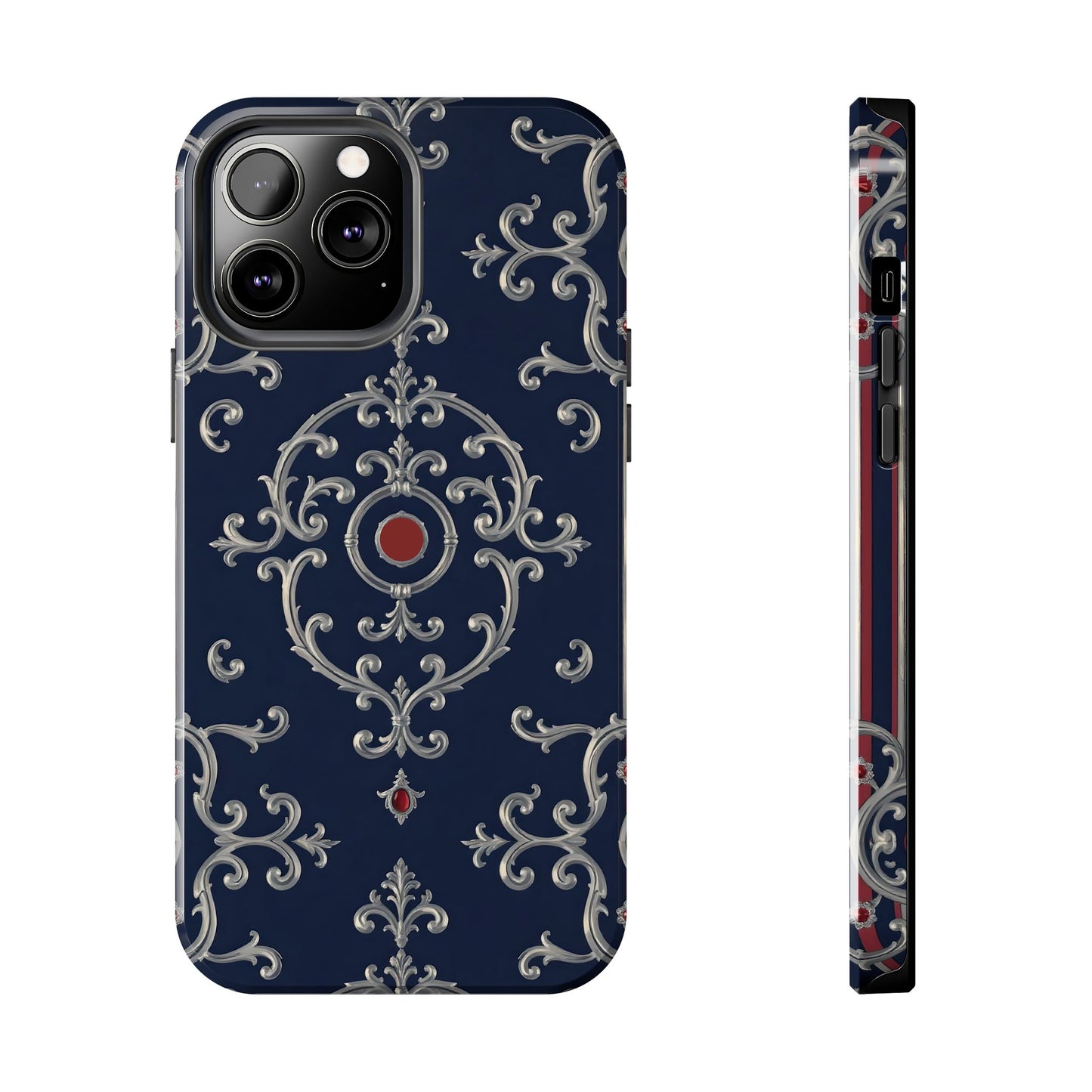 Elegant Patterned Tough Phone Cases for Stylish Protection, Gift for Her, Unique Accessories - Blue & Red Striped Silver Baroque