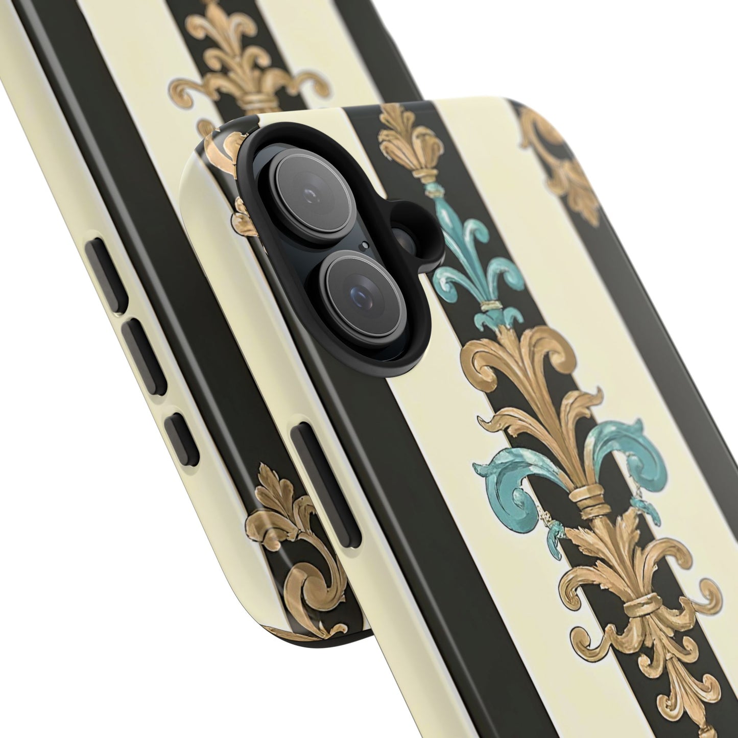 Elegant Vintage Tough Phone Cases, Stylish Phone Accessories, Quality Protection, Gifts for Her - Black Striped Turquoise & Black Rococo