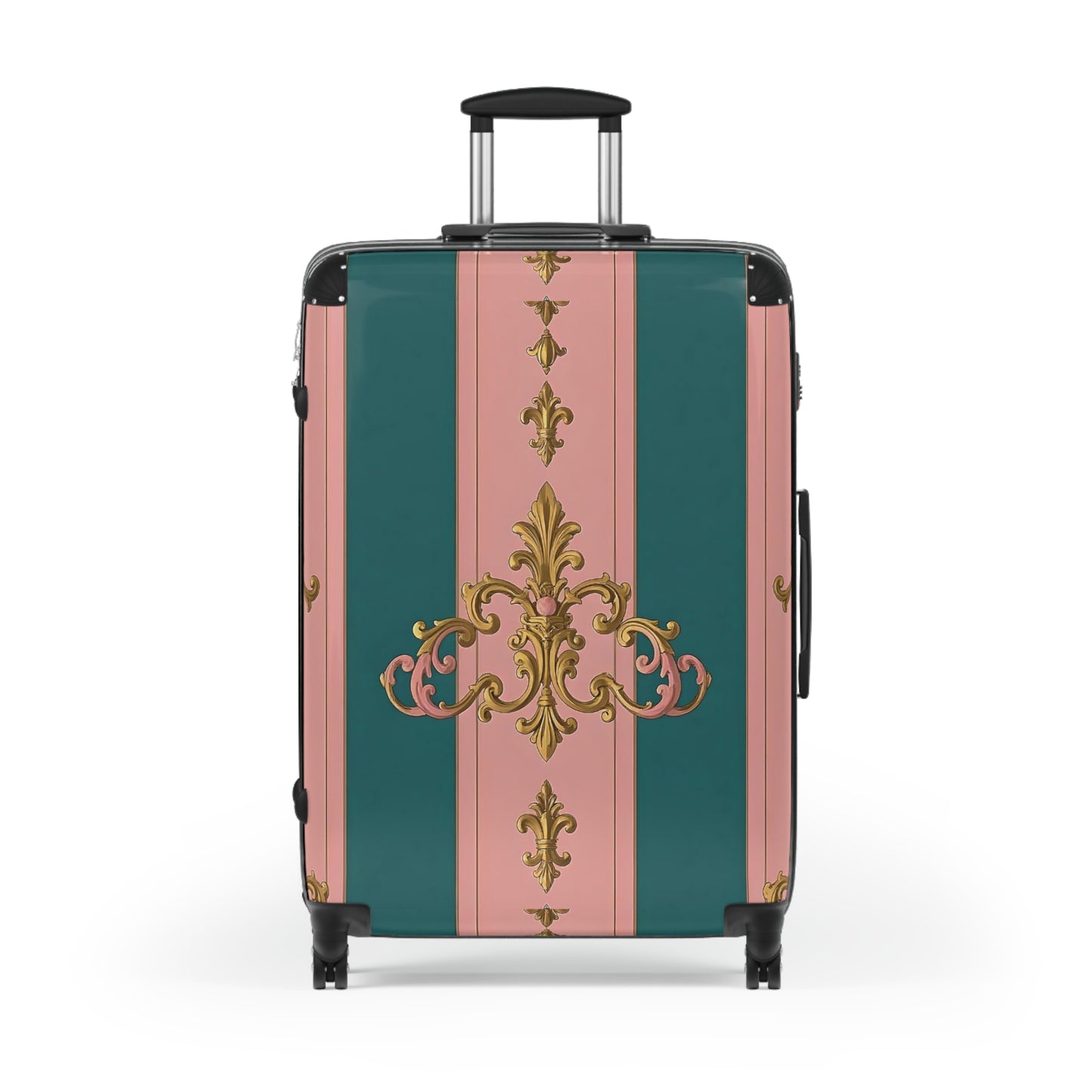 Chic Travel Suitcase, Elegant Luggage, Stylish Carry-On, Unique Glamour Bag, Trendy Vacation Case - Pink & Teal Striped Gold Baroque