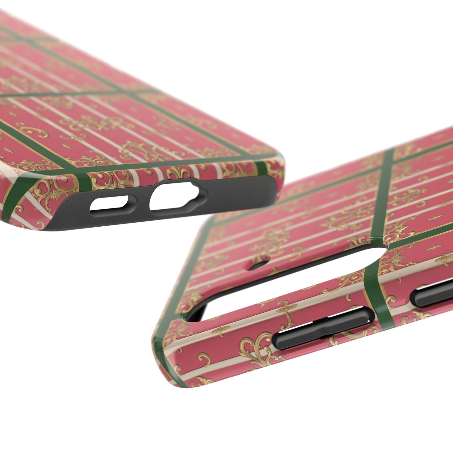 Elegant Green Border Pink Striped Baroque Phone Cases, Tough Phone Cases for Protection, Stylish Mobile Accessories, Gift for Her, Holiday Tech Gifts