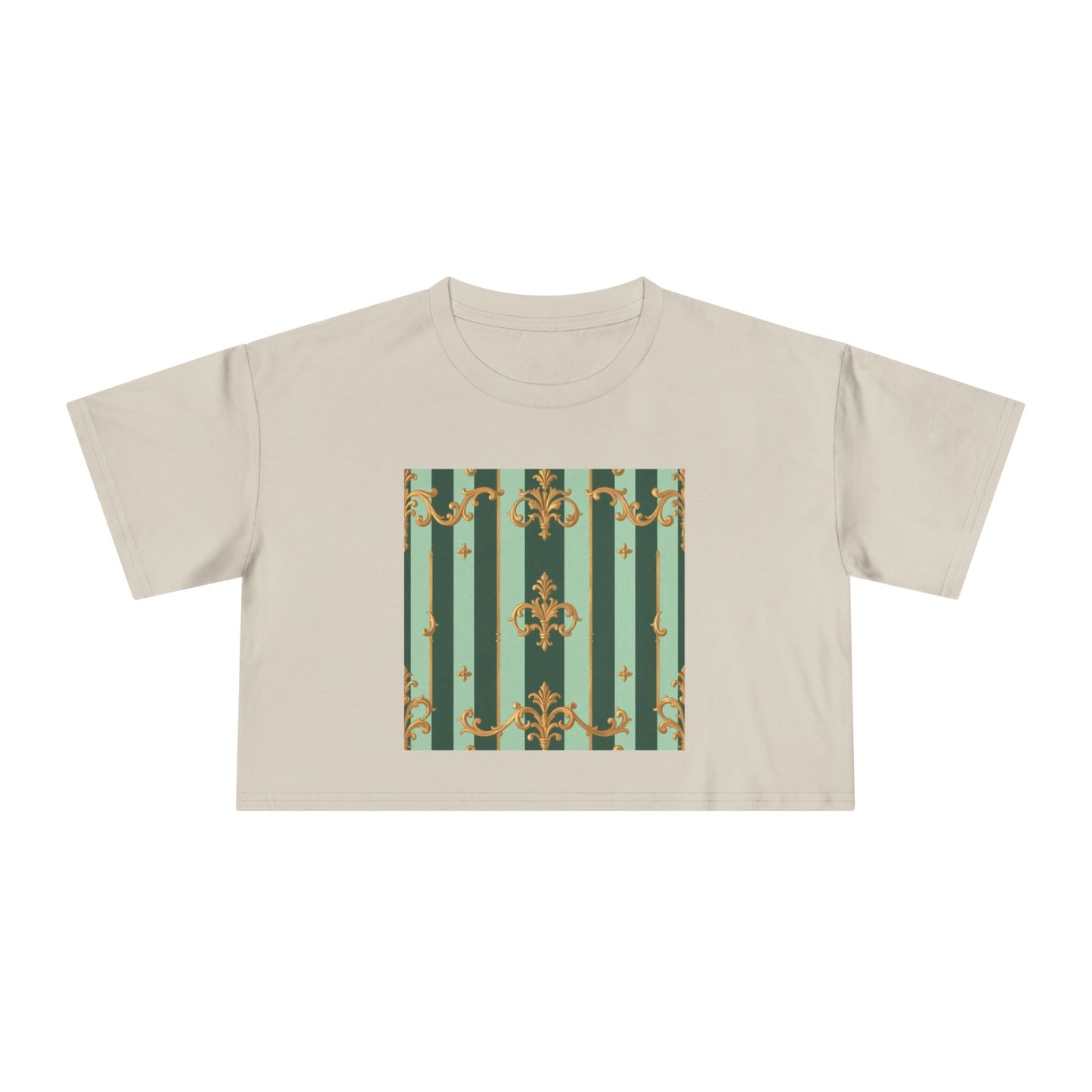 Chic Women's Crop Tee with Elegant Patterns, Fashion Top, Summer Style, Trendy Outfit, Gift for Her - Mint Green & Teal Striped Gold Baroque