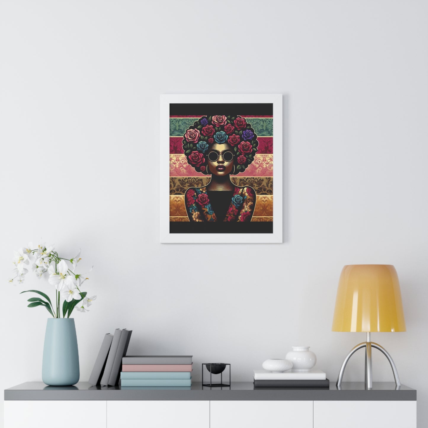 Vertical Poster Lady In Damask & Roses Wall Art