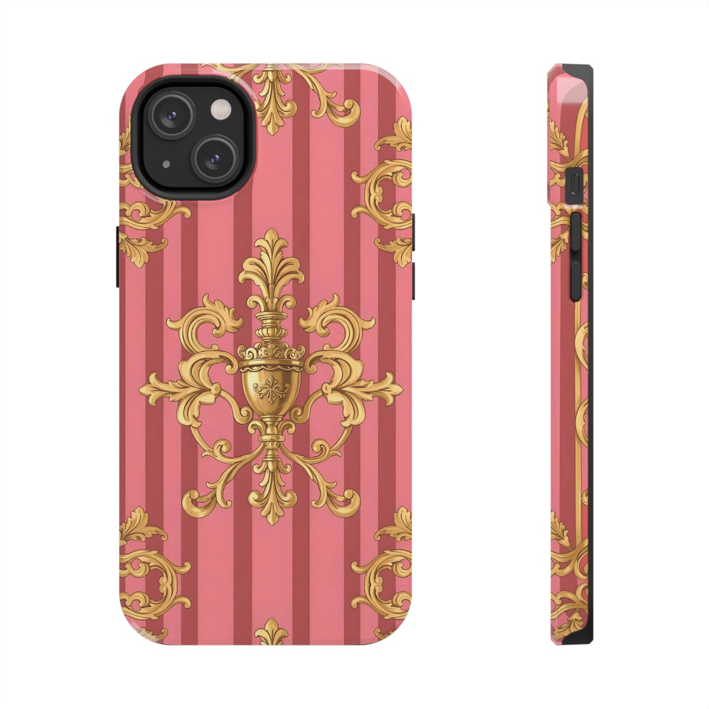 Elegant Baroque Tough Phone Cases, Durable Phone Cover, Stylish Accessory, Gift for Any Occasion - Pink Striped Gold Baroque