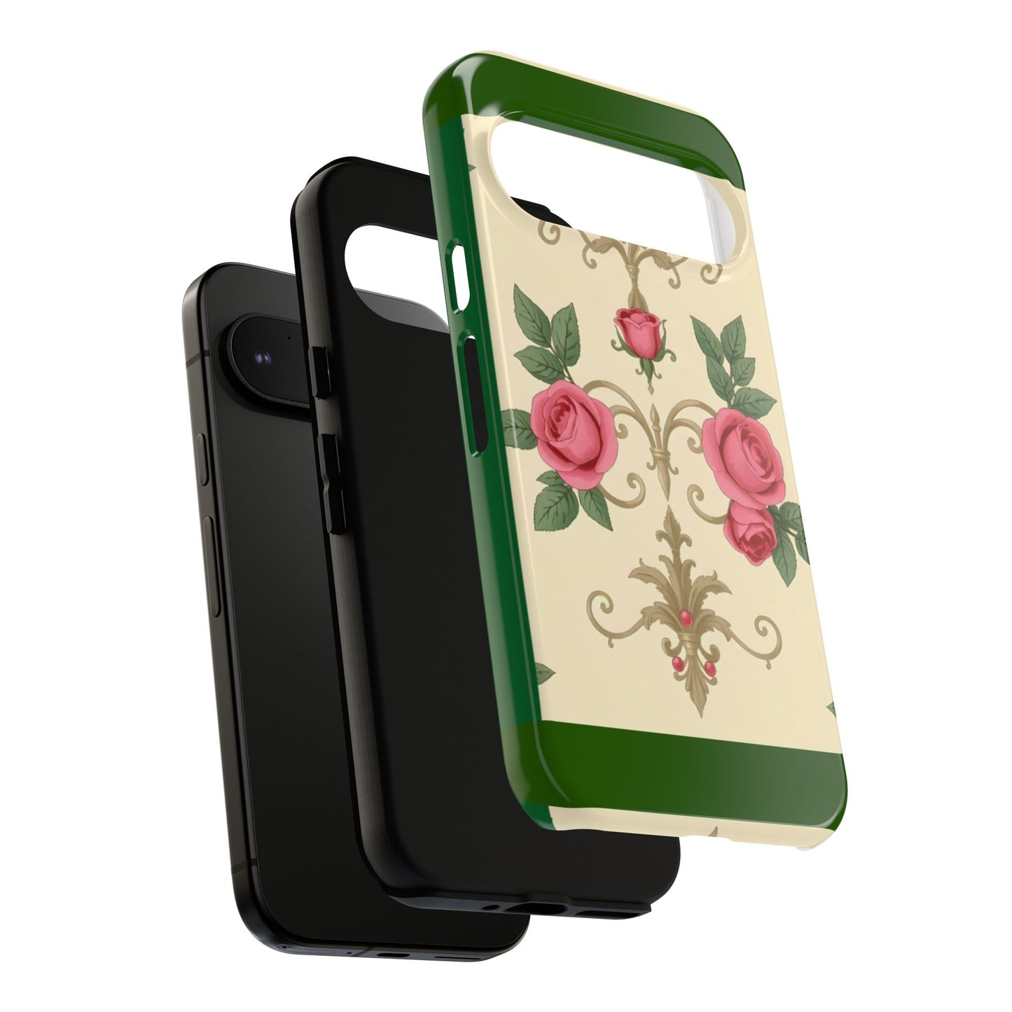 Elegant Floral Motif Phone Case - Tough Cases with Vintage Design - Green Border Roses & Damask