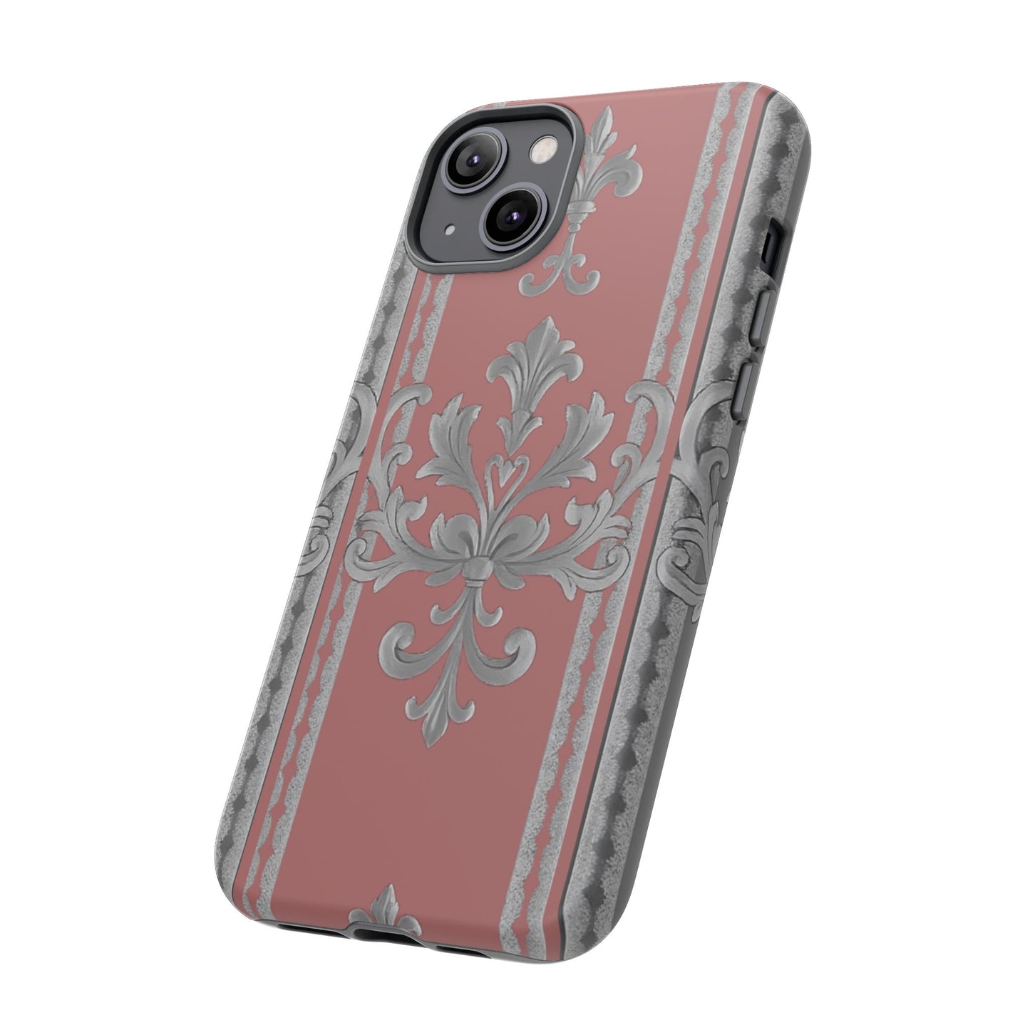 Elegant Floral Phone Case - Tough Cases for Stylish Protection - Gray & Mauve Striped Baroque