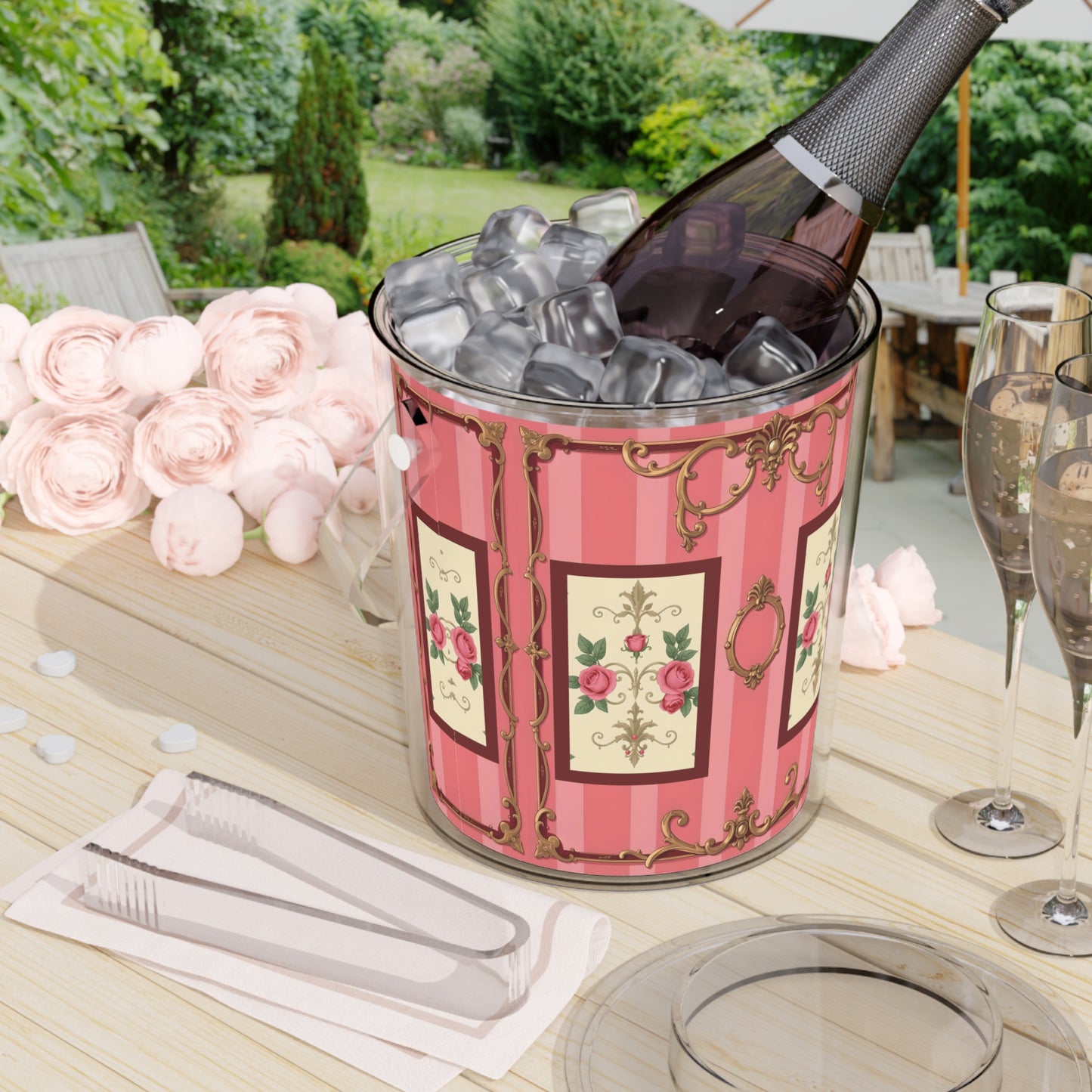 Elegant Floral Ice Bucket with Tongs for Parties and Celebrations - Pink Striped Baroque & Roses