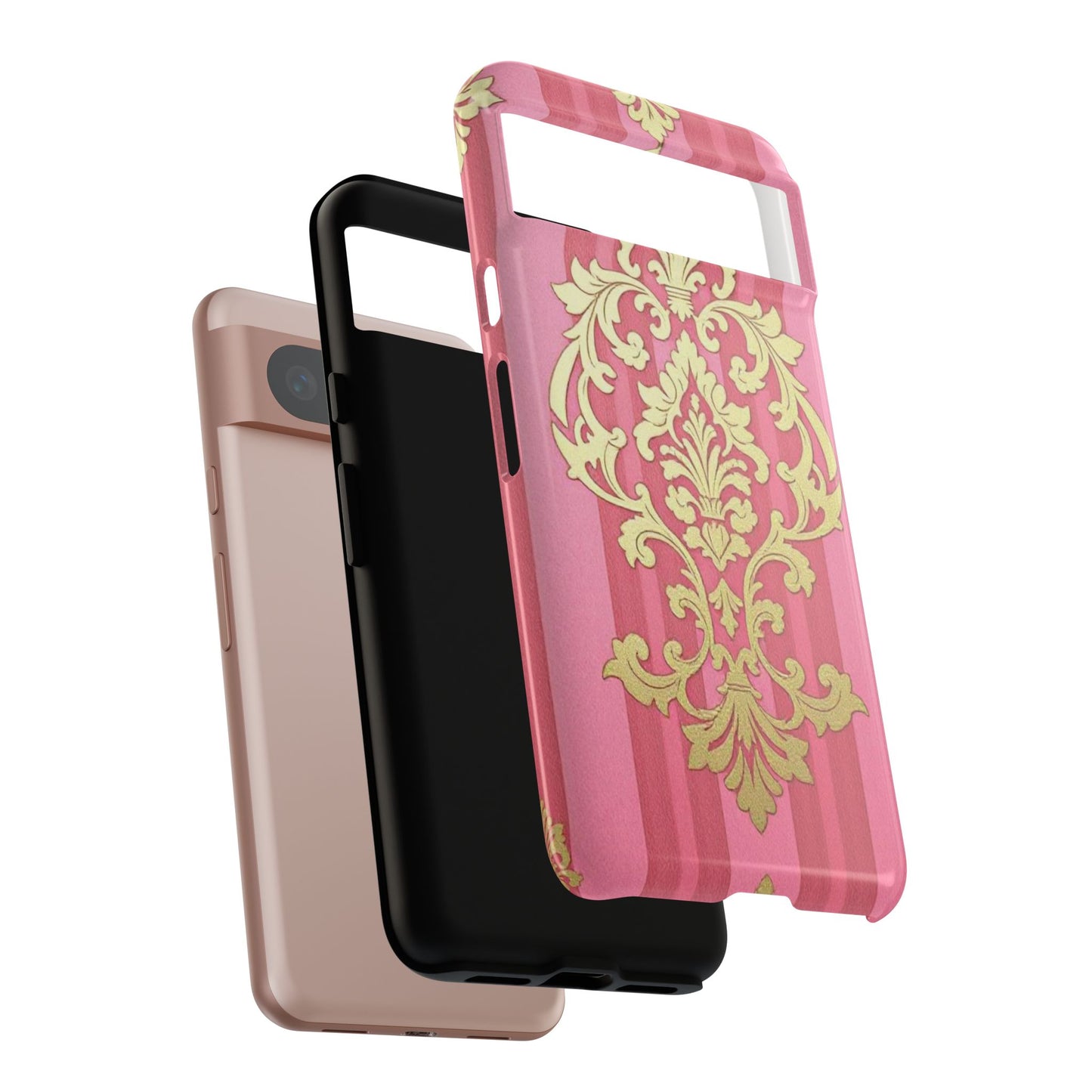 Elegant Floral Motif Phone Case - Tough Cases with Vintage Design - Pink Striped Damask