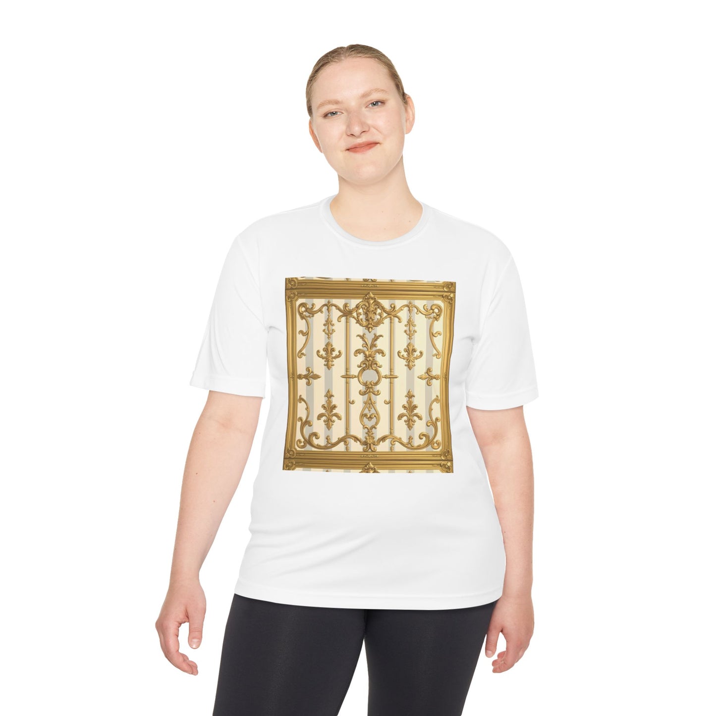Elegant Gold Unisex Moisture Wicking Tee, Fashion Tee, Workout Shirt, Summer Style - Matte Gray & Cream Striped Gold Baroque