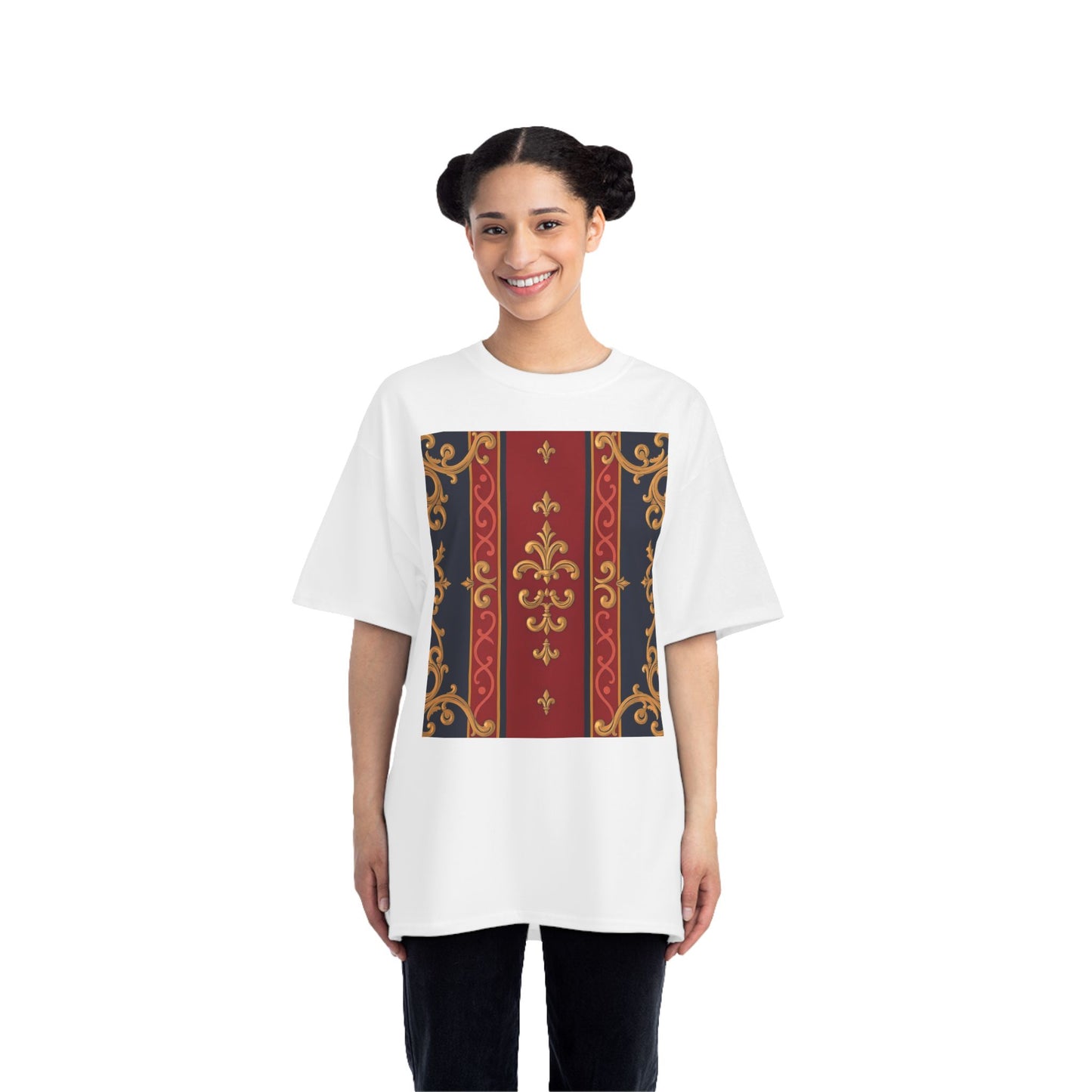 Elegant Baroque T-Shirt for Fashion Lovers, Casual Wear, Gift for Her, Unique Tee for Art Enthusiasts - Midnight Blue & Dusk Red Gold Baroque