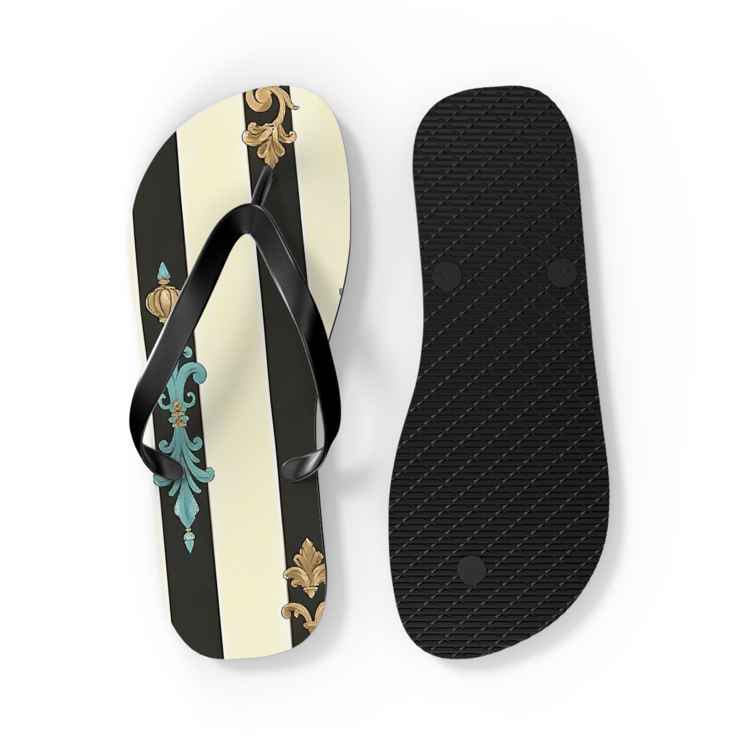 Stylish Flip Flops | Beach Sandals, Summer Footwear, Vacation Getaway, Casual Summer Style - Black Striped Turquoise & Black Rococo