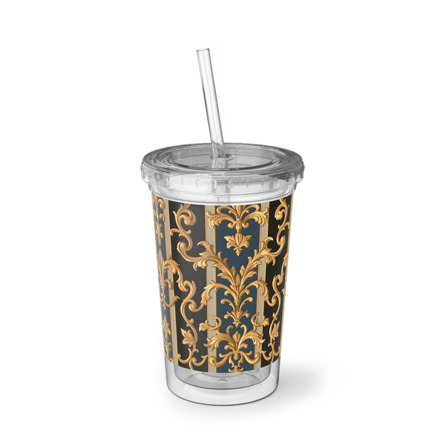 Ornate Acrylic Cup, Elegant Drinkware for Parties, Home Decor, Personalized Gift, Travel Tumbler - Blue & Black Striped Rococo