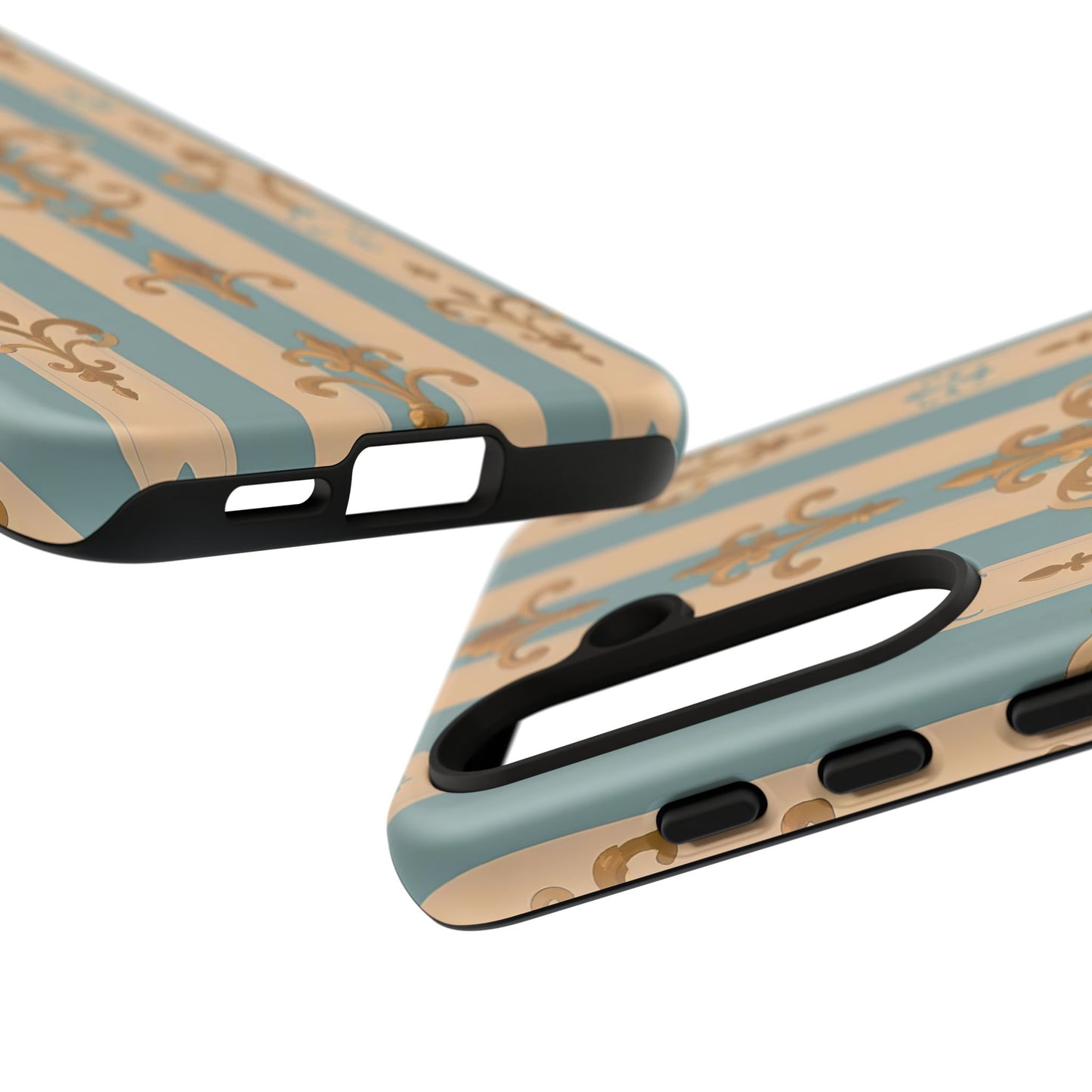 Elegant Floral Motif Phone Case - Tough Cases with Vintage Design -  Beige & Sky Blue Striped Gold Damask