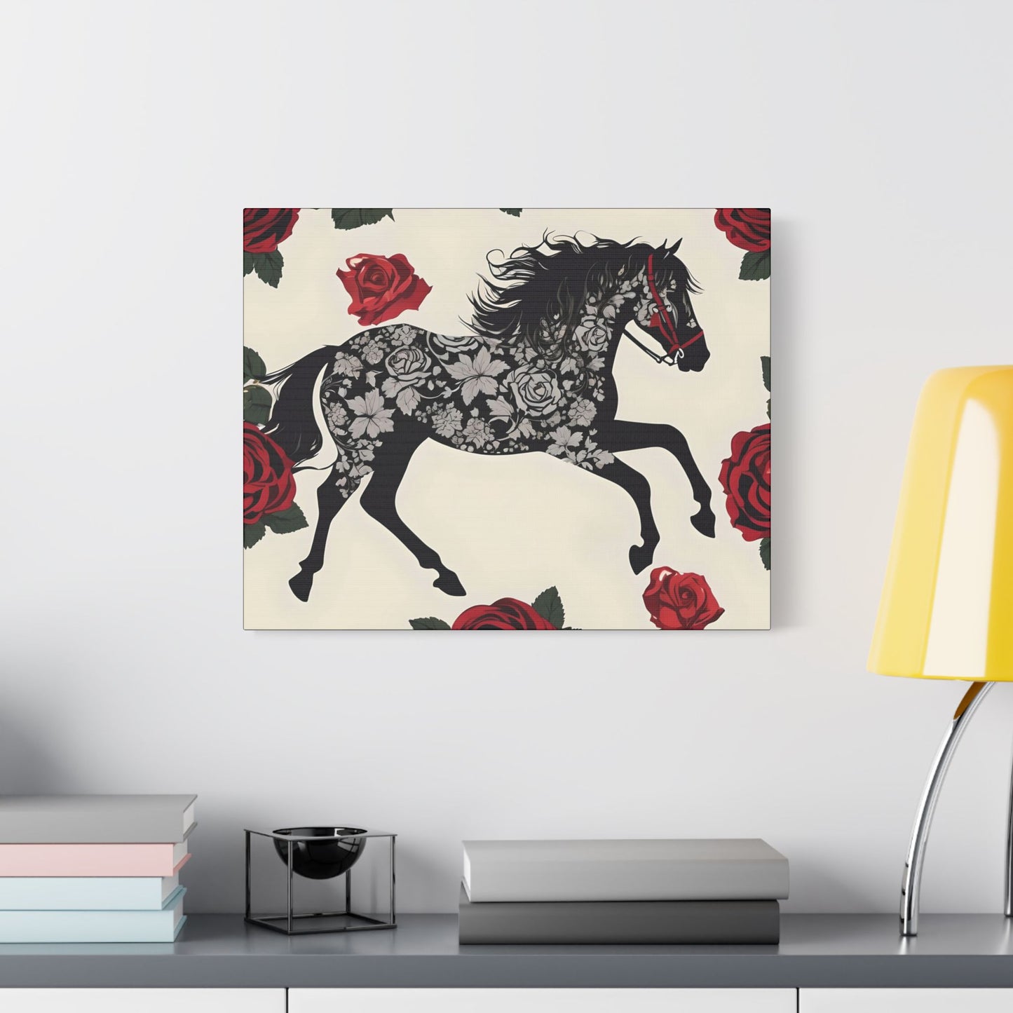Art Print Canvas, Wall Decor, Satin Stretched Canvas, Equestrian Art, Office Decor, Home Decor - Horse & Roses
