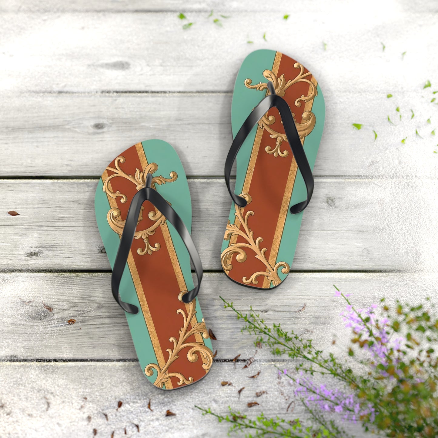 Elegant Vintage Flip Flops with Ornate Design - Perfect for Summer & Beach Getaways - Rust & Mint Aqua Striped Baroque