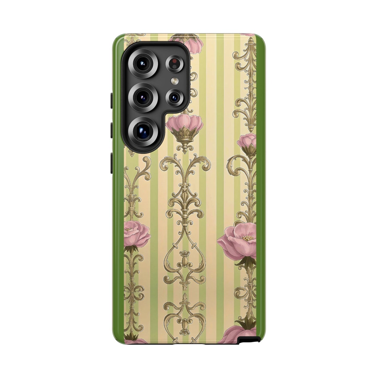 Elegant Floral Motif Phone Case - Tough Cases with Vintage Design - Lime Green & Pink Striped Damask