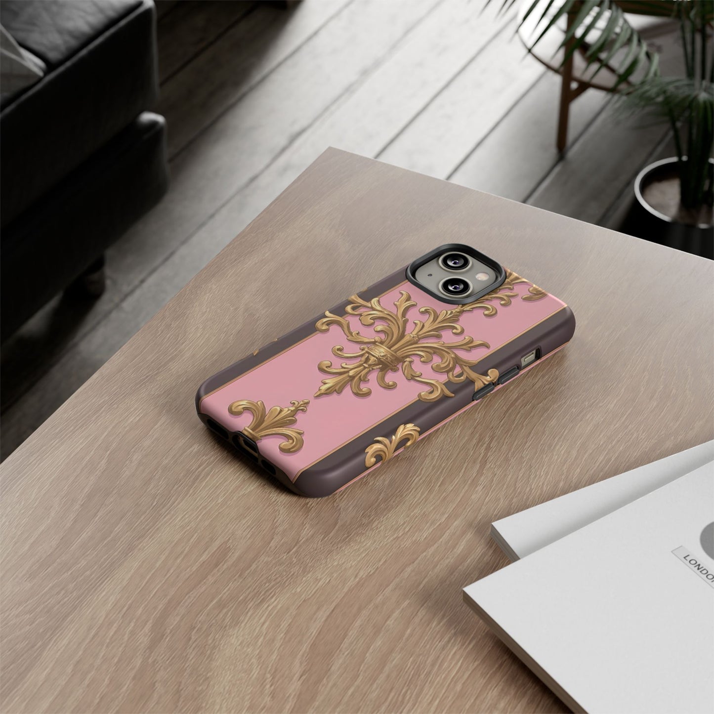 Elegant Floral Motif Phone Case - Tough Cases with Vintage Design - Pink & Brown Striped Gold Damask