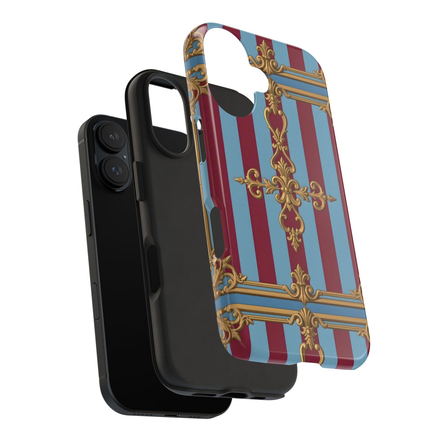 Elegant Patterned Tough Phone Cases, Stylish Phone Cover, Durable Phone Protection, Unique Gift Idea - Sky Blue & Maroon Striped Baroque