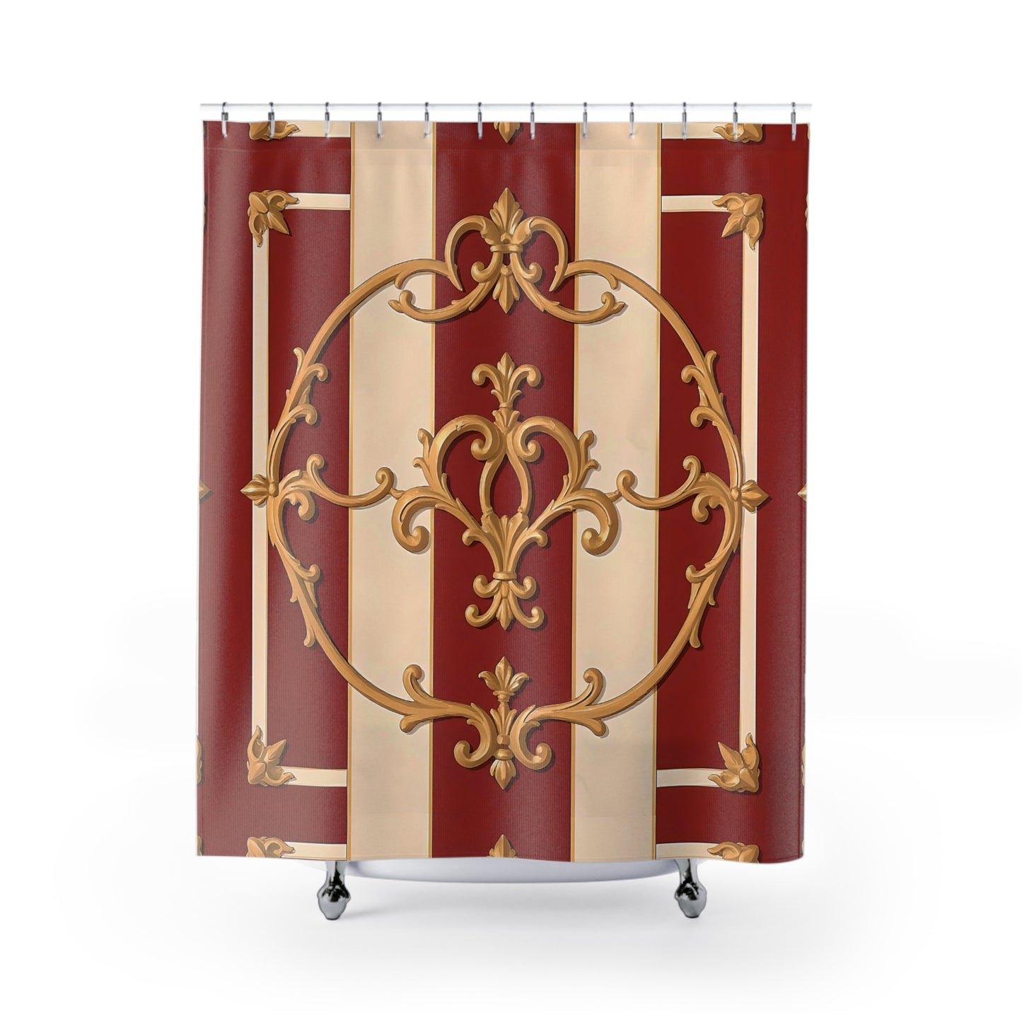 Elegant Vintage Shower Curtain with Alabaster & Dusk Orange Striped Baroque Design
