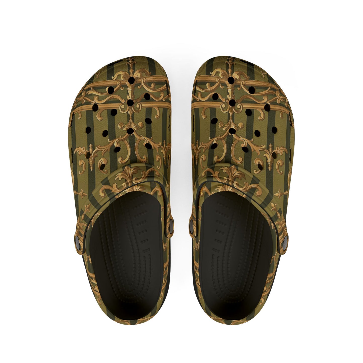 Chic Patterned EVA Foam Shoes, Stylish Footwear, Comfortable Everyday Clogs, Unique Home Shoes - Olive Green Striped Rococo