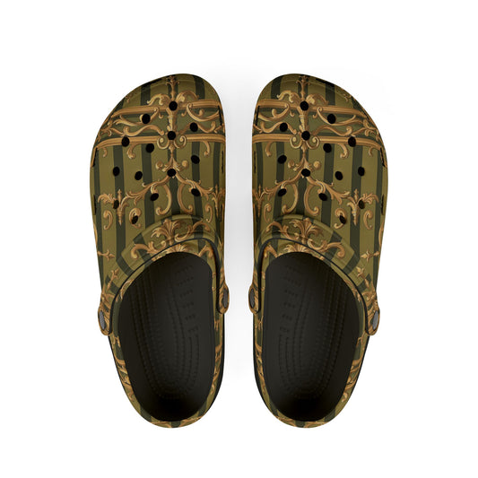 Chic Patterned EVA Foam Shoes, Stylish Footwear, Comfortable Everyday Clogs, Unique Home Shoes - Olive Green Striped Rococo